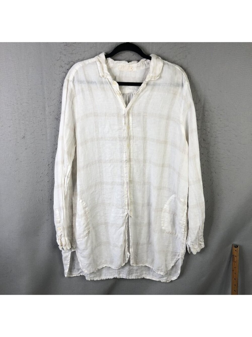 CP Shades Shirt Dress Womens XL White Plaid Linen Henley Tunic Pockets USA